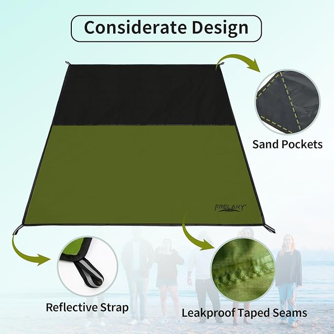 Frelaxy Pocket Picnic Blanket, Waterproof Sandproof Beach Mat, Compact Camping Tarp for Festivals, Hiking, Travel, Outdoor Recreation (Army Green, 57'' x 60'')