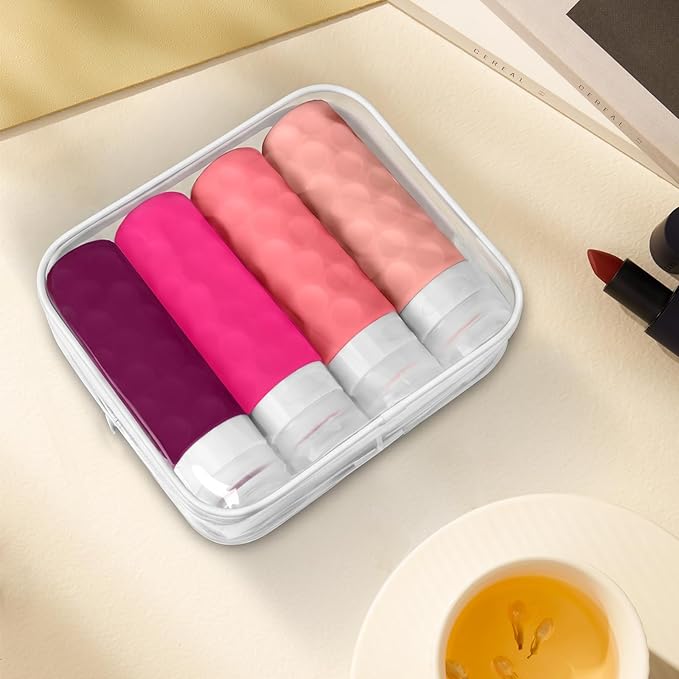 Silevoler Travel Bottles for Toiletries, 4pcs Tsa Approved 3oz Travel Size Containers, BPA Free Leak Proof Premium Silicone Bottles, Refillable Liquid Squeezable Accessories W/Toiletry Bag (Red)