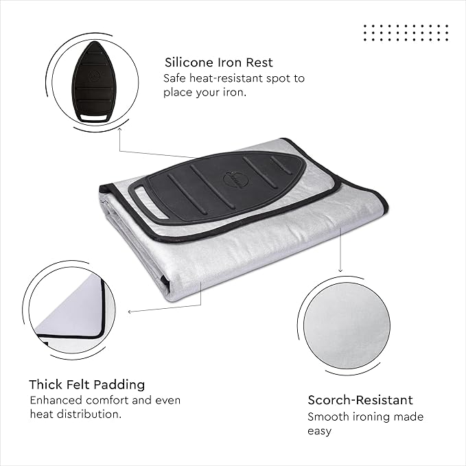 Encasa XO Ironing Mat/Pad - Metallic Silver (Small 28"x20") with 5mm Foam Padding & Silicone Iron Rest for Steam Pressing on Tabletop or Bed - Heat Reflective, Portable, Quilting