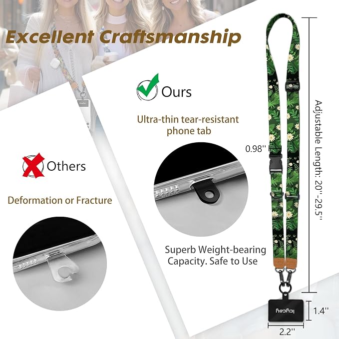 Icycay Phone Lanyard Crossbody, Black Cat Leaf Cell Phone Strap for Around The Neck Adjustable, Anti Theft Cute Lanyard for ID Holder Keys Accessories Travel Essential