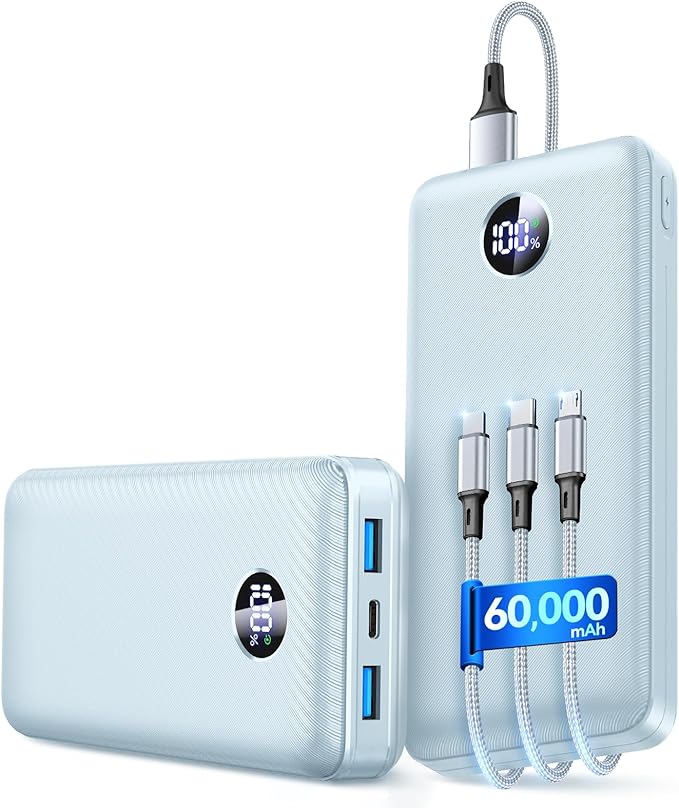 Portable Charger Power Bank - 60,000mAh Battery Pack, 22.5W Fast Charging Phone Charger Attached USB-C/iOS/Micro-USB Cable, Powerbank for iPhone 17 16 15 14 13 Samsung, for Travel Camping Essentials
