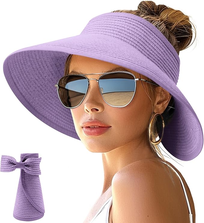 NPJY Sun Hats for Women Wide Brim Roll-Up Beach Ponytail Hat Packable Foldable Travel Straw Visor