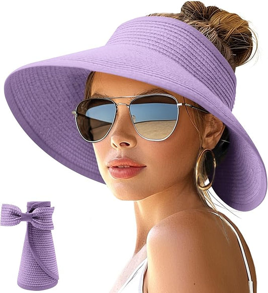 NPJY Sun Hats for Women Wide Brim Roll-Up Beach Ponytail Hat Packable Foldable Travel Straw Visor