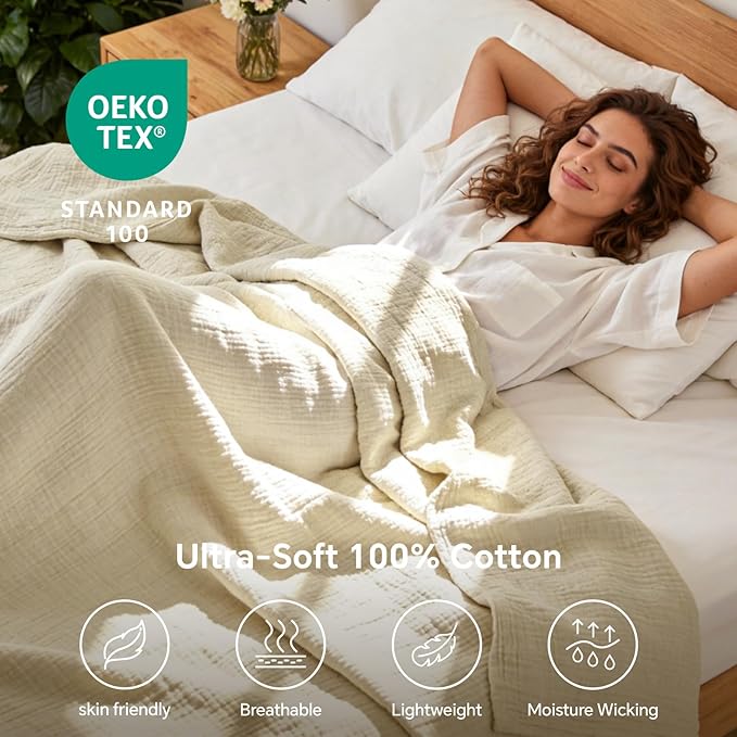 BEDELITE 100% Cotton Muslin Blankets for Adults - 4-Layer King Size Breathable and Lightweight Gauze Blanket for Couch, Bed, Travel and Summer, Soft & Cozy Gift for Women, Beige, 108"x90"