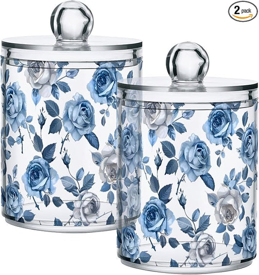 2 Pack Qtip Holder Organizer Dispenser Roses Blue Grey Bathroom Storage Canister Cotton Ball Holder Container for Cotton Pads/Swabs/Floss