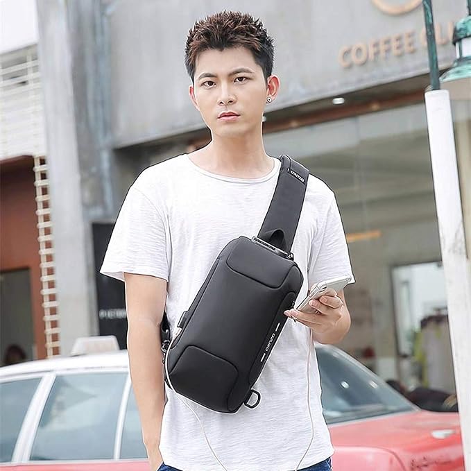 OZUKO Men Sling Backpack - Anti-Theft Crossbody Bag with USB Charging Port, Waterproof Lightweight Travel Hiking Commute Bag(Black)