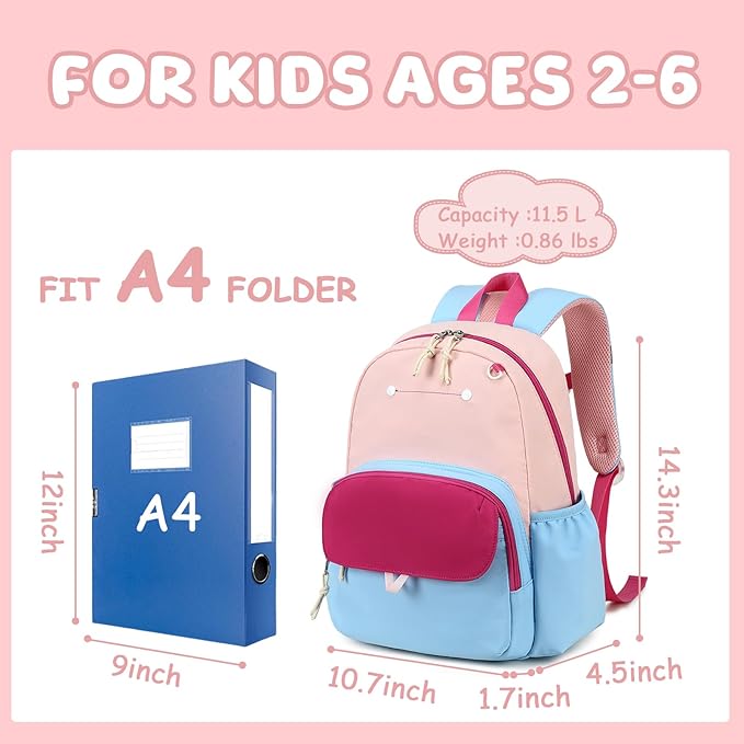 BTOOP Kids Backpack for Boys Girls 3-6, Preschool Kindergarten Backpack with Insulated Lunch Compartment & Chest Strap, Cute Lightweight School Travel Bag Fits A4 Folder