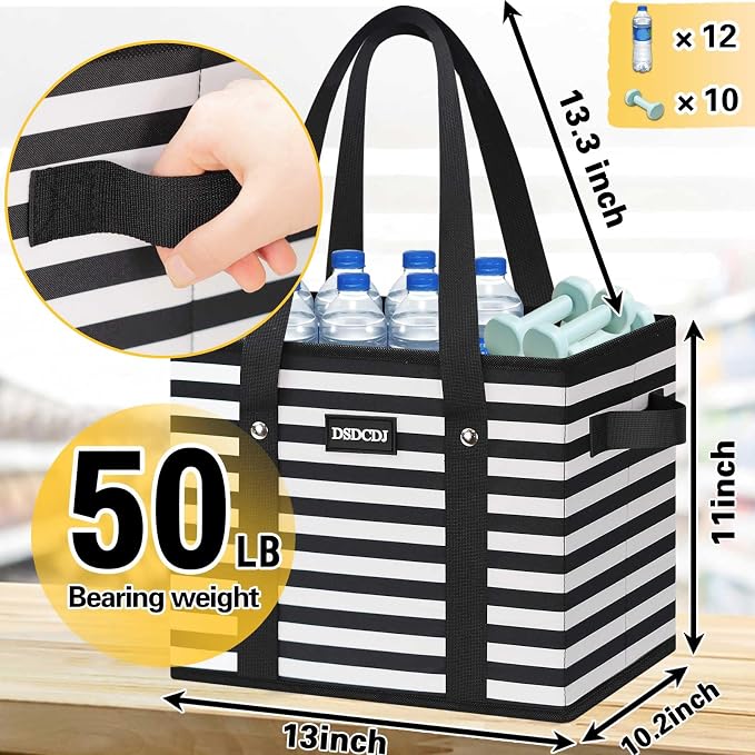 Reusable Grocery Bags 3 Pack - Heavy Duty Reusable Shopping Bags with Hard Bottom & Long Handles, Foldable Utility Tote Bag with Box Shape to Stand Up, 13x10.23x11in, Stripe Black