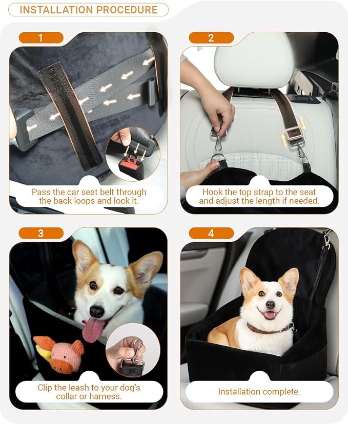 NUPIDA Dog Car Seat for Small Medium Dogs, Dog Booster Seat with Extendable Backrest, Pet Portable Car Seats up to 30 lbs, Washable Travel Bed with Storage Pockets and 2 Safety Leashes, Black