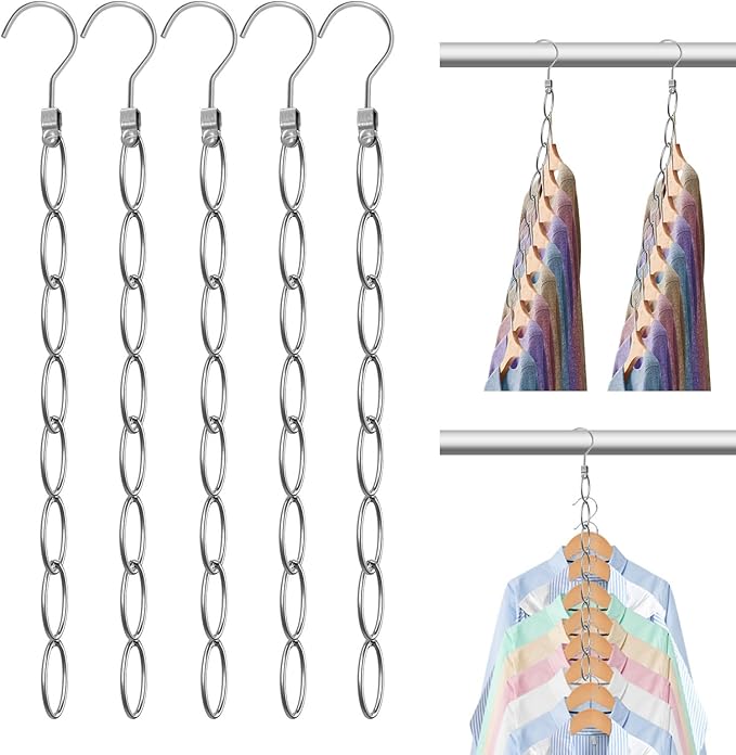 40 Holes Clothing Chain Hangers : 5-Pack Metal Space Saving Hangers - 360 Degree Rotatable Hook for Easy Display and Access - Closet Organizers for Home Travel College Dorm Room