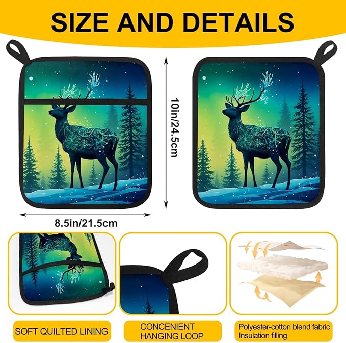 Fantasy Reindeer Pot Holders with Pockets 2 PCS, Heat Resistant Oven Mitts Hot Pads for Kitchen Baking Cooking, Square Thick Pot Holders Kitchen Hot Potholders, 8.5x10 Inches
