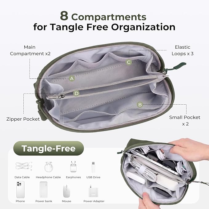 FYY Travel Cable Organizer - 8 Compartments Lightweight Water Resistant Tech Pouch with Wrist Strap, Portable Electronic Accessories Case for Cord Charger Storage for Travel Home Office Green (Large)