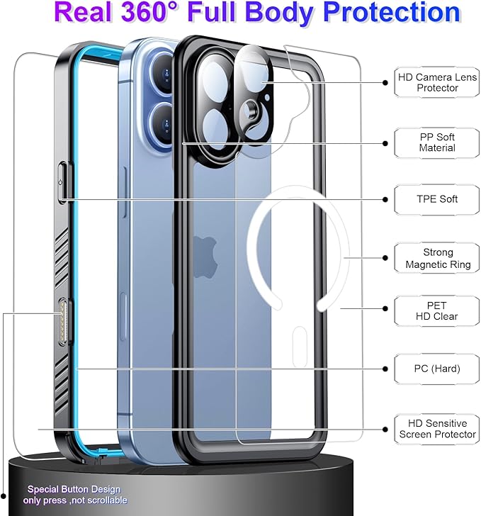 Magnetic Compatible with iPhone 17 Case,Waterproof Built-in Screen & Camera Protector IP68 Underwater Full Body 17FT Military Dropproof Shockproof Phone Case 6.3"-Mag/Blue