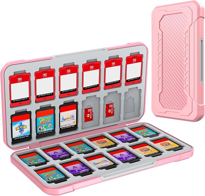 HEIYING Switch Game Case for Nintendo Switch 2/Lite/OLED, Pink Memory Games Holder with 24 Game Card Slots and 24 Micro SD Cards Slots