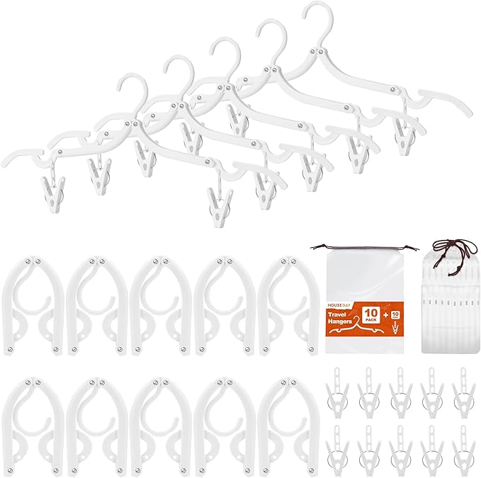 HOUSE DAY 10 Pack Travel Hangers with Clips, Cruise Essentials 2026, White Foldable Hangers for Pants Skirt, Lightweight Portable Collapsible Clothes Hangers Space Saving Set for Hotel, RV, Dorm