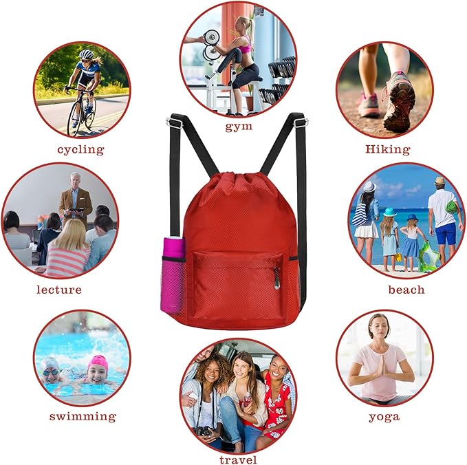 Waterproof Drawstring Bag, Lightweight String Backpack with Water Bottle Holder and Pockets, Gym Sports Cinch Sackpack (Red)