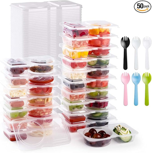50PCS Reusable Snack Containers with Lids,2 Compartment Snack Containers with 50 Spoons,Snack Pack Containers for Condiments,fruits and salads