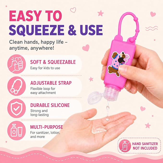 5-Pack Cartoon Kids Hand Sanitizer Holder, 30ml Travel Size Refillable Bottles with Silicone Case, Leak-Proof Portable Containers for Lotion & Liquid Soap (Cool Pup)