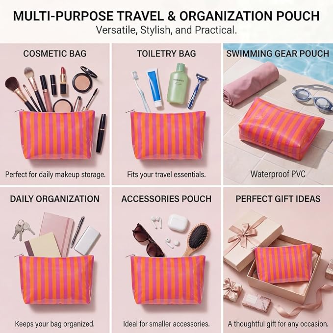 Large PVC Waterproof Striped Makeup Bag,Clear Coated Cosmetic Bags,Easy to Clean,Travel Organizer Zipper Pouch Beach Vacation Essentials for Women Girls(11Orange Purple)