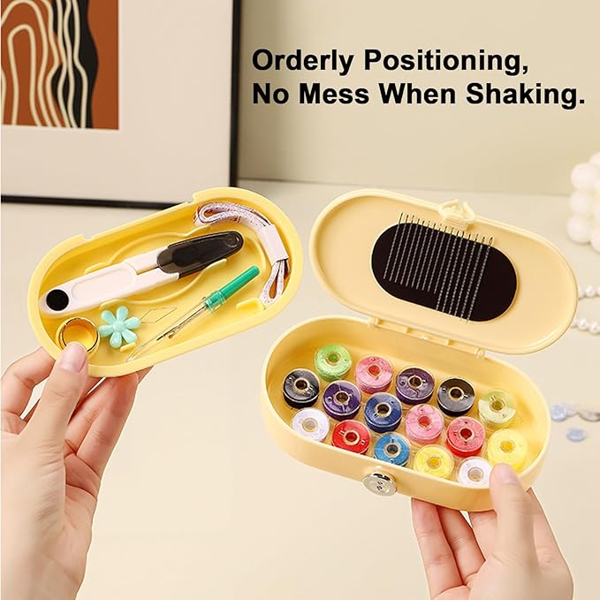 Portable Sewing Kit for Emergency Repair, Travel Sewing Kit Box with Round Case, Includes Needles, Thread, Scissors, Thimble - Perfect Home & Dorm Essential for Beginners (3 Stylish Colors) (White)