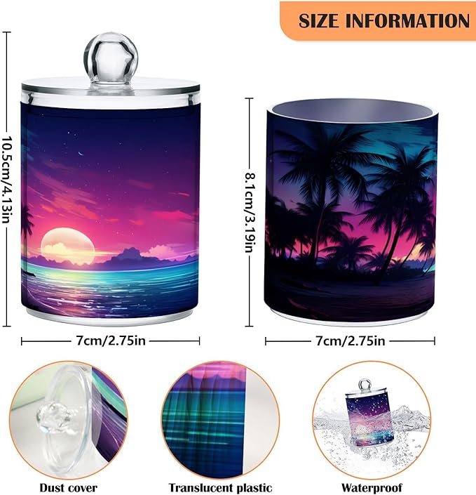 2 Pack Qtip Holder Organizer Dispenser Palm Tree Beach Tropical Bathroom Storage Canister Cotton Ball Holder Container for Cotton Pads/Swabs/Floss