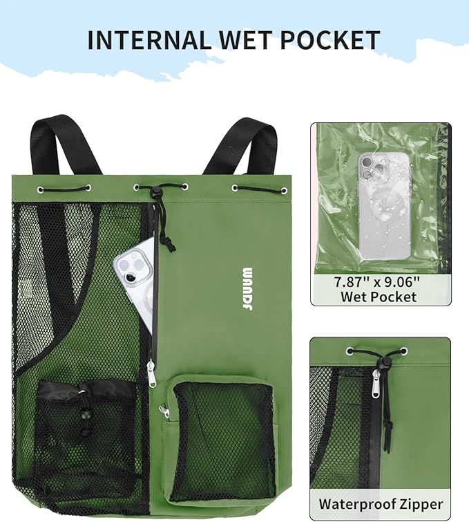 WANDF Swim Bag Mesh Drawstring Backpack with Wet Pocket for Swimming, Gym, and Workout Gear