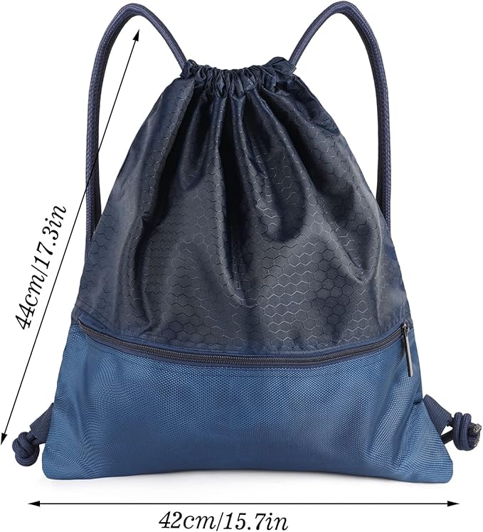 Drawstring Backpack Bag, Waterproof Draw String Back Sack with Zip Pocket, Gym Drawstring Bags Swim Bag for Men Women