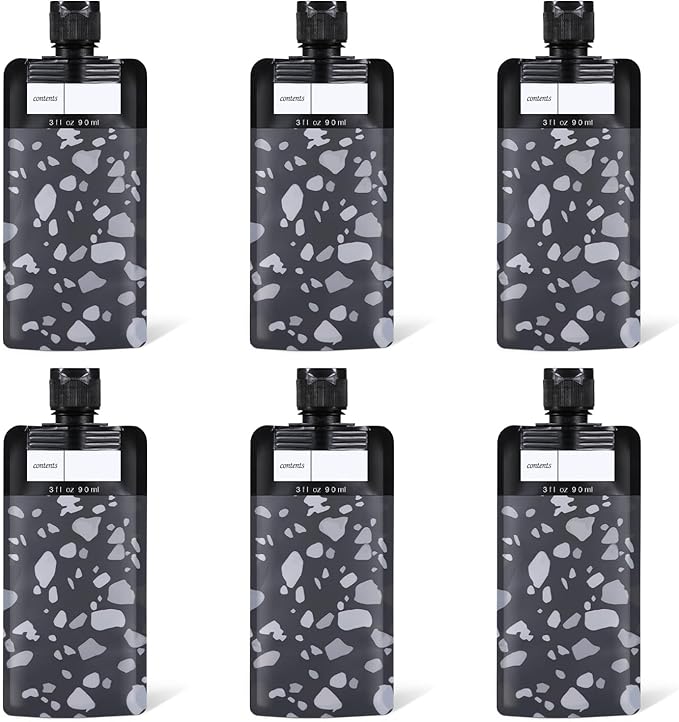 ASEVAT 3 oz 6pack Leak Proof Empty Squeeze Pouches Refillable Travel Size Containers Liquid Pouch Cosmetic Container TSA Approved Bag