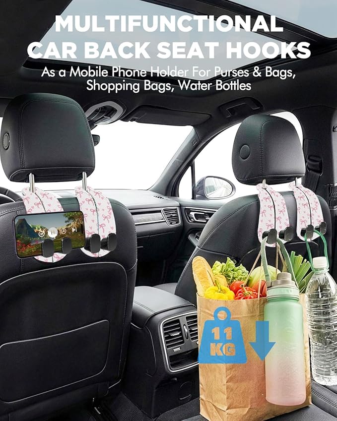 WOCOCN Purse Holder for Car, 2 Pack Heavy Duty Purse Hanger for Car, PU Leather Car Seat Hooks for Purses and Bags, Cute Pink Bow Headrest Organizer for Handbags & Backpacks