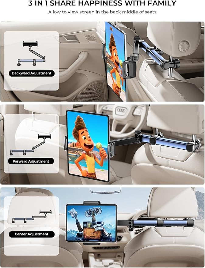 Tryone Headrest Tablet Holder for Car Accessories : [18.11-inch Long Arm] 3-in-1 Backseat Tablet Holder for Kids Road Trip Compatible with iPad Switch Smartphones & Tablets or Other 4.7-13" Devices