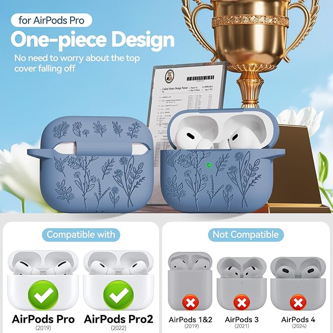 for Apple AirPods Pro 2nd/1st Generation, Soft Silicone Flower Engraved AirPods Pro 2 Gen Protective Case Cover for Women Airpod Case with Clean Kit,Carabiner,Front LED Visible,Sand Powder