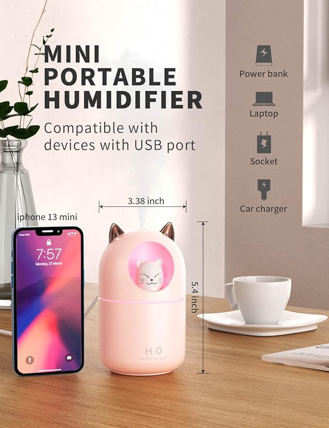 Cool Mist Humidifier,300ml Mini Humidifiers with Night Light,Waterless Auto-Off Air Humidifier,20dB Quiet Humidifiers for Bedroom,Car, Plant for Girl Boy