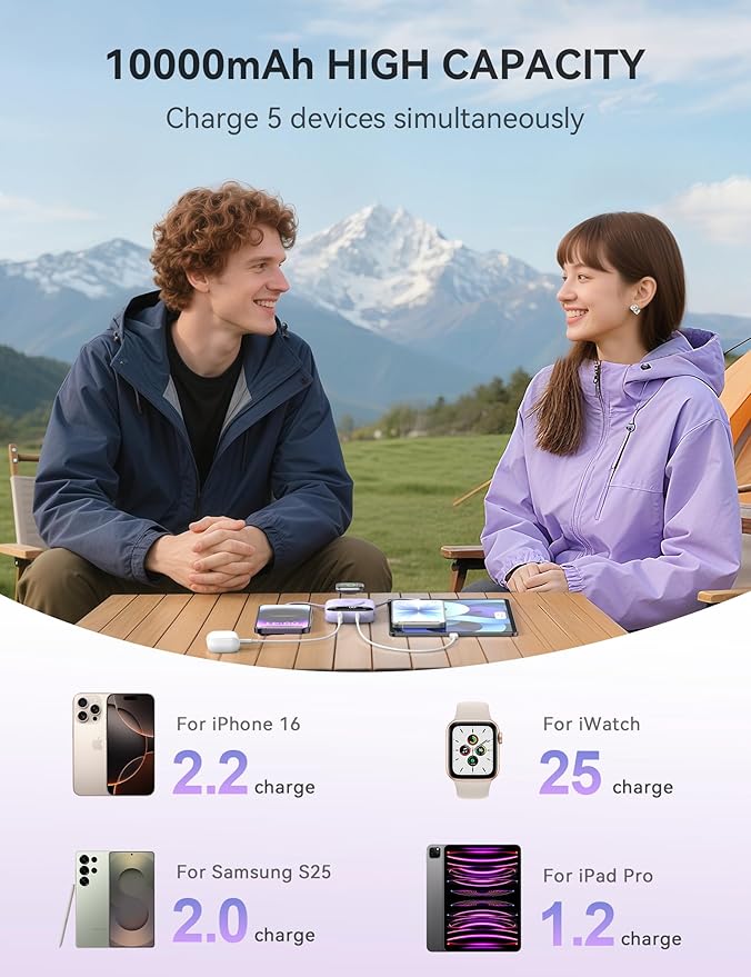 citicr Portable Charger, 10000mAh 22.5W Fast Charging Power Bank with Built-in Cables, Travel Battery Pack with LED Display for iPhone, Portable iWatch Charger for 11/10/9/8/7/6/5/SE/Ultra Purple