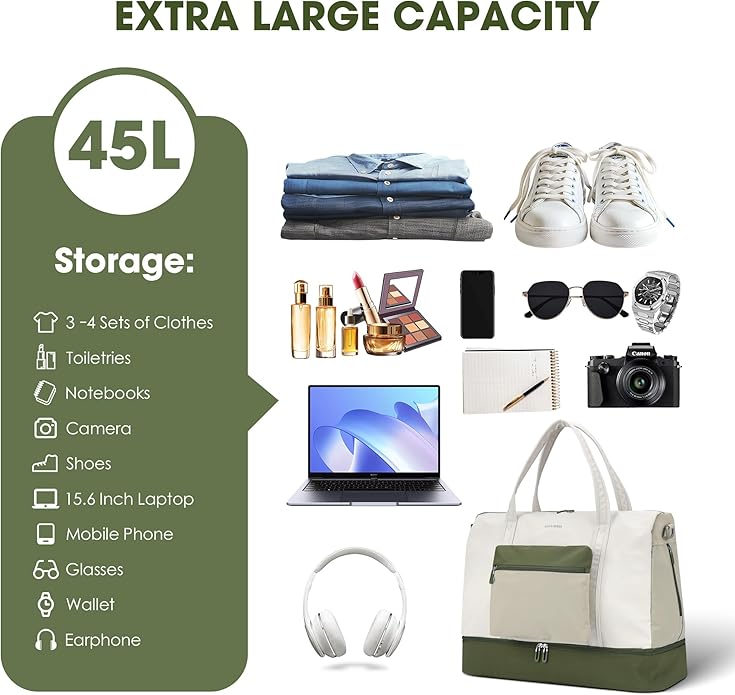 Women's Weekender bag Travel Duffel Bag with Shoe Compartment 21-inch Airline-Approved Carry-On, 2-Piece Overnight Bag Set Personal Item Luggage