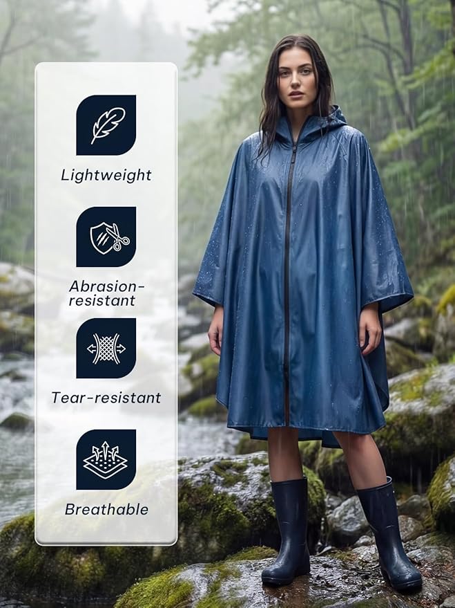 SaphiRose Lightweight Waterproof Rain Poncho for Adults with Hood Portable Rainwear for Outdoor
