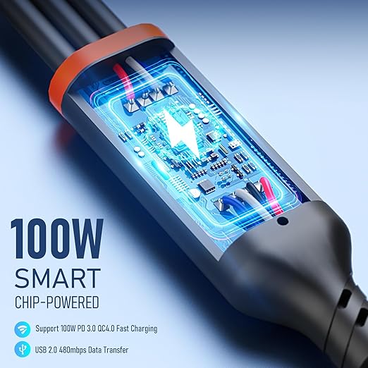 Travel Essentials 3 in 2 Multi Charging Cable 100W USB A/C to Dual USB C/for Apple Watch Charging Cable Silicone Fast Charge Compatible with iPhone 17-15 Series iPad MacBook, Type-C Devices 5FT-Black