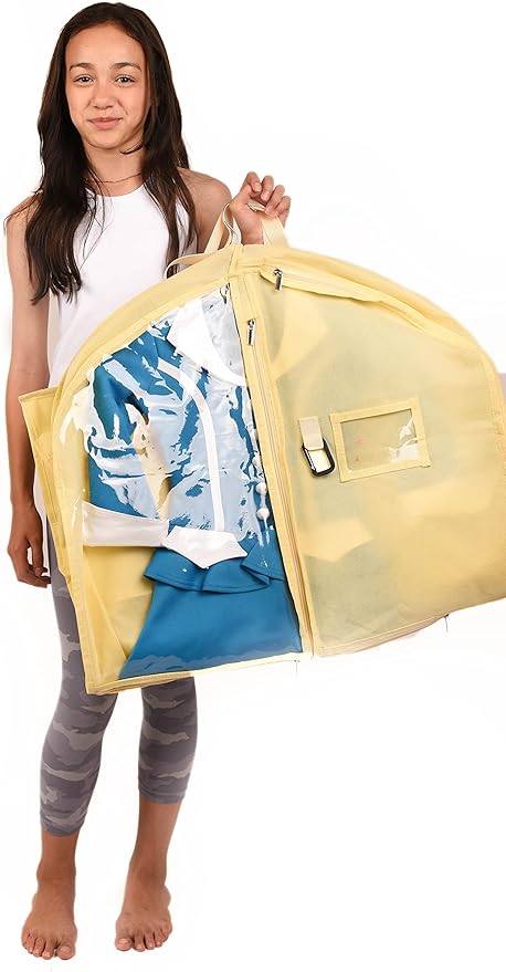 Waterproof Hanging Garment Bag 40 inch Clothes Bag with Gusset, 5 Pockets & Side Zip for Dance Costumes, Sports, Skating, Theatre, Beauty Pageants & More by Kendall Country, Sunshine Yellow