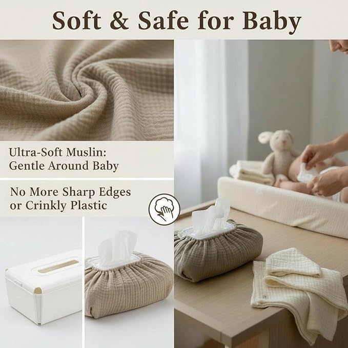 Baby Wipes Cover – Universal Size, One Size Fits All Wipes Packages | Muslin Cotton Tissue Cover for Nursery, Diaper Bag & Changing Table, Station | Gingham & Neutral Patterns (Sand)