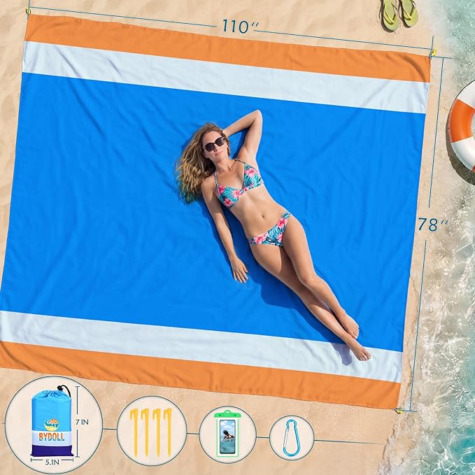 BYDOLL Beach Blanket Waterproof Sandproof Large Sand Free,78''X81''/10'X9' Oversized Sandless Lightweight Blanket Picnic Mat for Beach Travel Camping Hiking with Stakes
