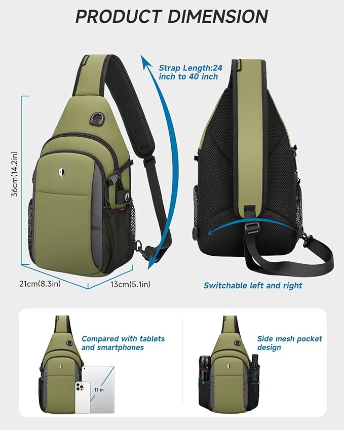 Tactical Sling Bag for Men & Women, Water Resistant Anti-Theft Crossbody Bag Mini Backpack with Water Bottle Pocket, Travel Hiking Chest Pack Fits 11 inch iPad, Switch 2, Army Green | Mens Crossbody Bag