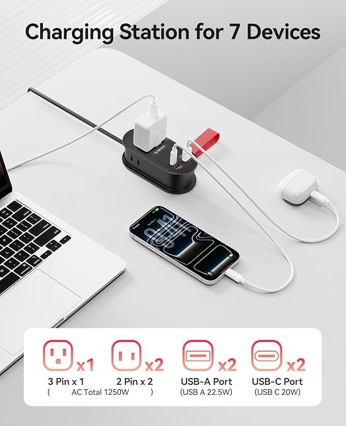 ORICO 22.5W Travel Power Strip, 7 in 1 Charging Station with 3AC, 2 USB-A, 2 USB-C, 4ft Extension Cord, Flat Plug Fashion Essential for Cruise Ship/Travel/Home/Office/Dorm -TK22