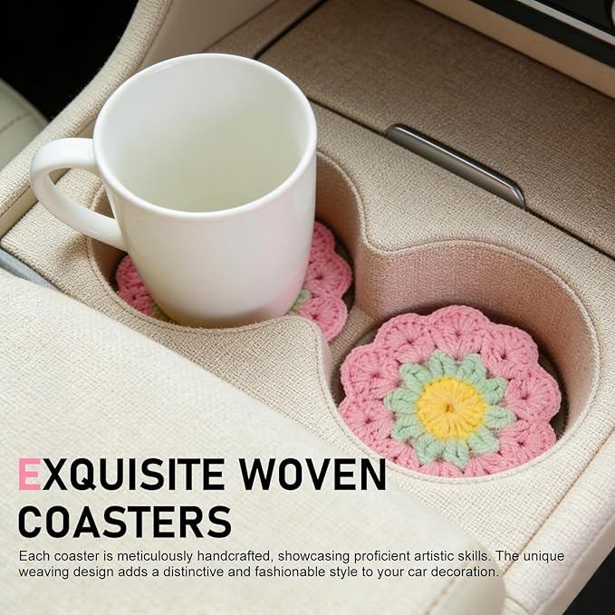 2 PCS Car Flower Coasters, Handmade Crochet Cotton Floral Insert Pad, Non-Slip Absorbent Insulated Placemat, Universal Boho Cute Decor Interior Accessory for Women Girls (Pink)