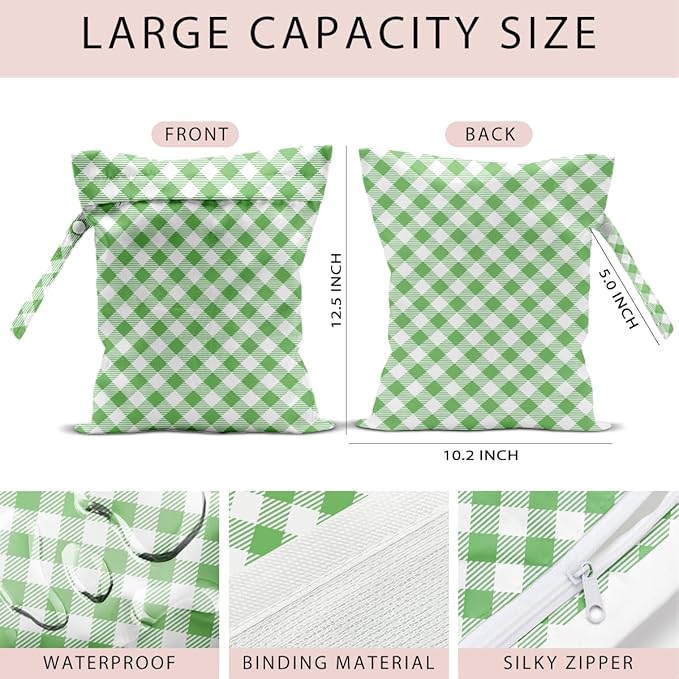 Wet Bag, 4Pcs Wet Dry Bag Set, Reusable Waterproof Bags with Blue Diamond Lattice & Green Gingham Prints for Women, Great for Beach Getaways & Pool Days