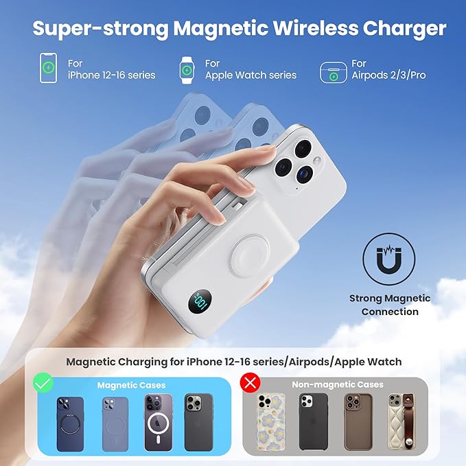 Ekrist Magnetic Portable Charger for MagSafe with Built-in Cable,iWatch Charger,Wireless Power Bank Travel Essentials,25W Fast Charging Battery Pack for iPhone 17/16/15,Apple Watch(White,10800mAh)