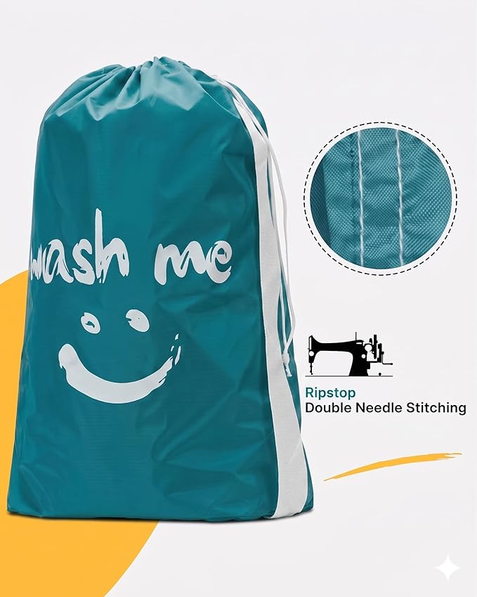 HOMEST 2 Pack XL Wash Me Travel Laundry Bag with Strap, Dirty Garments Organizer, Large Enough to Hold 4 Loads of Clothes, Easy Fit a Hamper or Clothing Basket, Azure and Blue