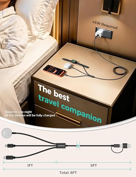 Travel Essentials,3 in 2 USB C Cable for Apple Watch Charger,iPhone Charger,Multi Charging Cable,Cruise Vacation Camping Portable for iWatch Series 11-2/Ultra/SE & iPhone 17-12,Car,Black-6FT