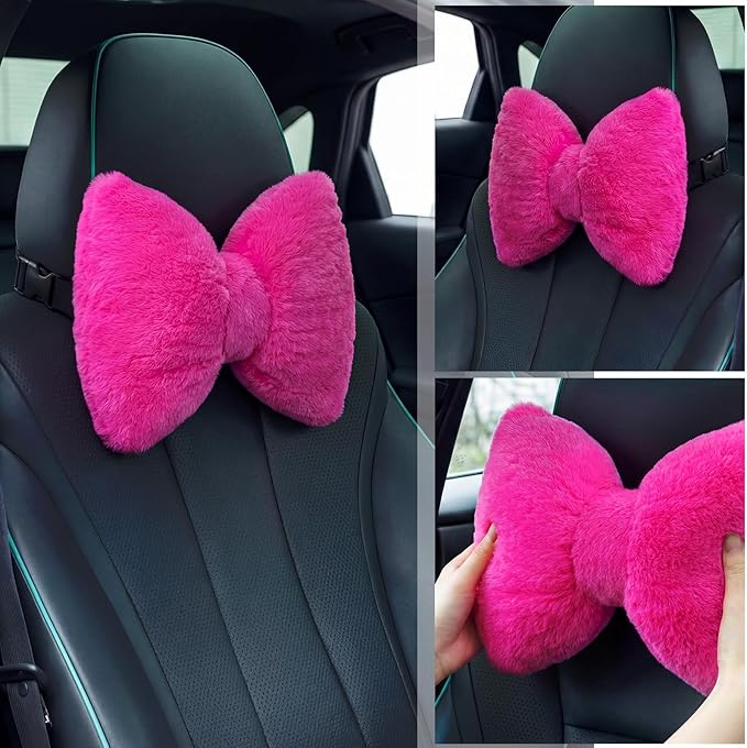 Macarrie 2 Pcs Car Neck Pillow Velvet Bow Headrest Pillow Soft Comfortable Seat Neck Support Cute Bow Car Accessories for Driving Travel Driver Chair Girl Style Interior Decor(Rose Red)