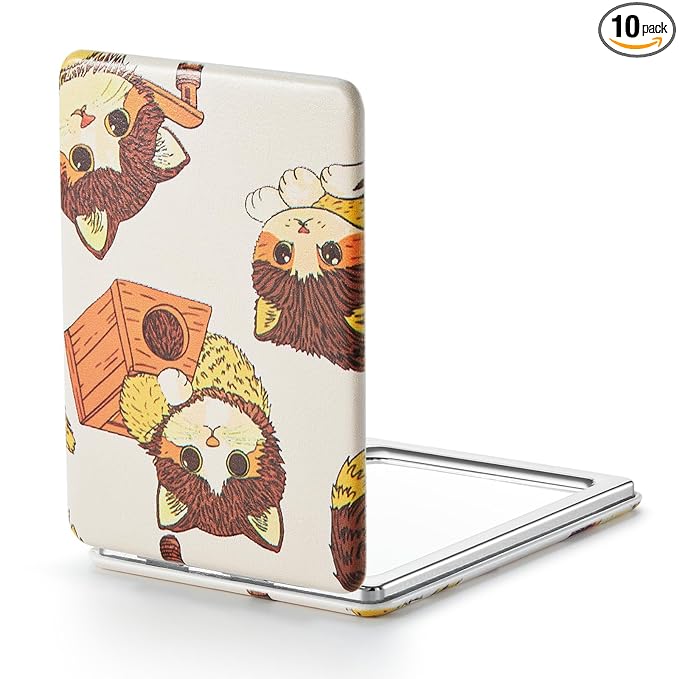 OMIRO 1X/3X Magnifying Mirror, Unique Painting Compact Mirror with Classical PU Leather, 2.4" W x 3.4" L (Ginger Cat)