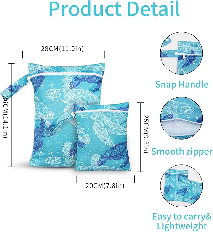 2 Pcs Wet Bags Waterproof Reusable Zippered Pocket Cloth Diaper Wet Dry Bags for Travel Beach Pool Swim, Baby Diapers,Gym Yoga Wet Clothes,Swimsuit,water wipes(Blue turtle)