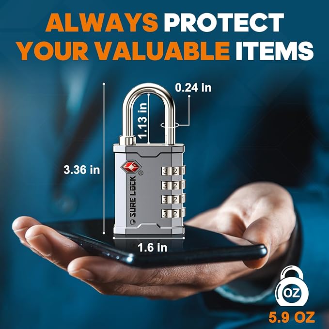 SURE LOCK TSA Accepted 4 Dig Heavy Duty Big Combination Luggage Padlock All Metal Travel Lock for Equipment Hard Case Luggage Gun Case Gym Locker Pelican Vault Lock(2, Silver)